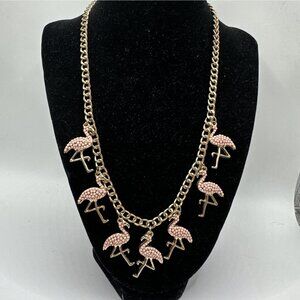 Vintage Flamingo Gold Costume Tone Soft Pink Necklace 7 Bird Unique 32” 2”ext